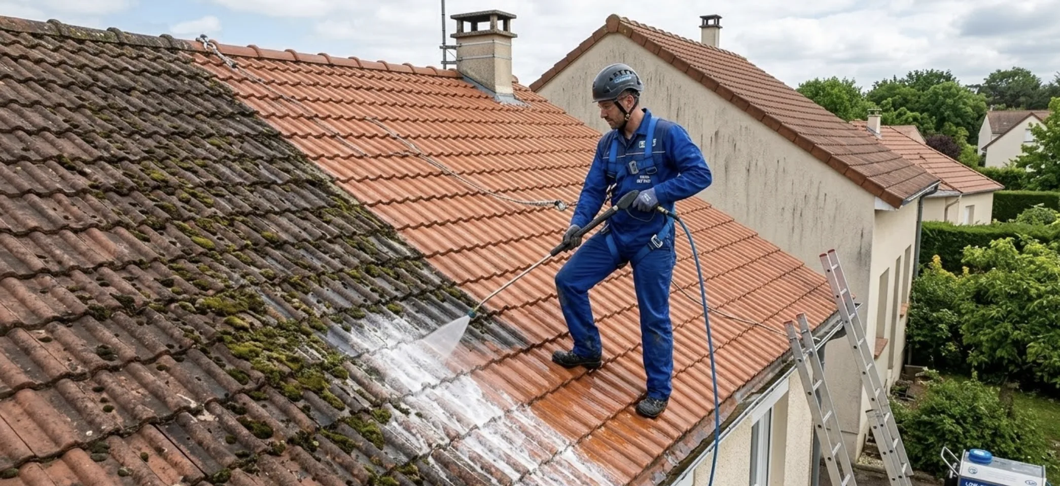 Professionnel utilisant un équipement de nettoyage basse pression sur une toiture.