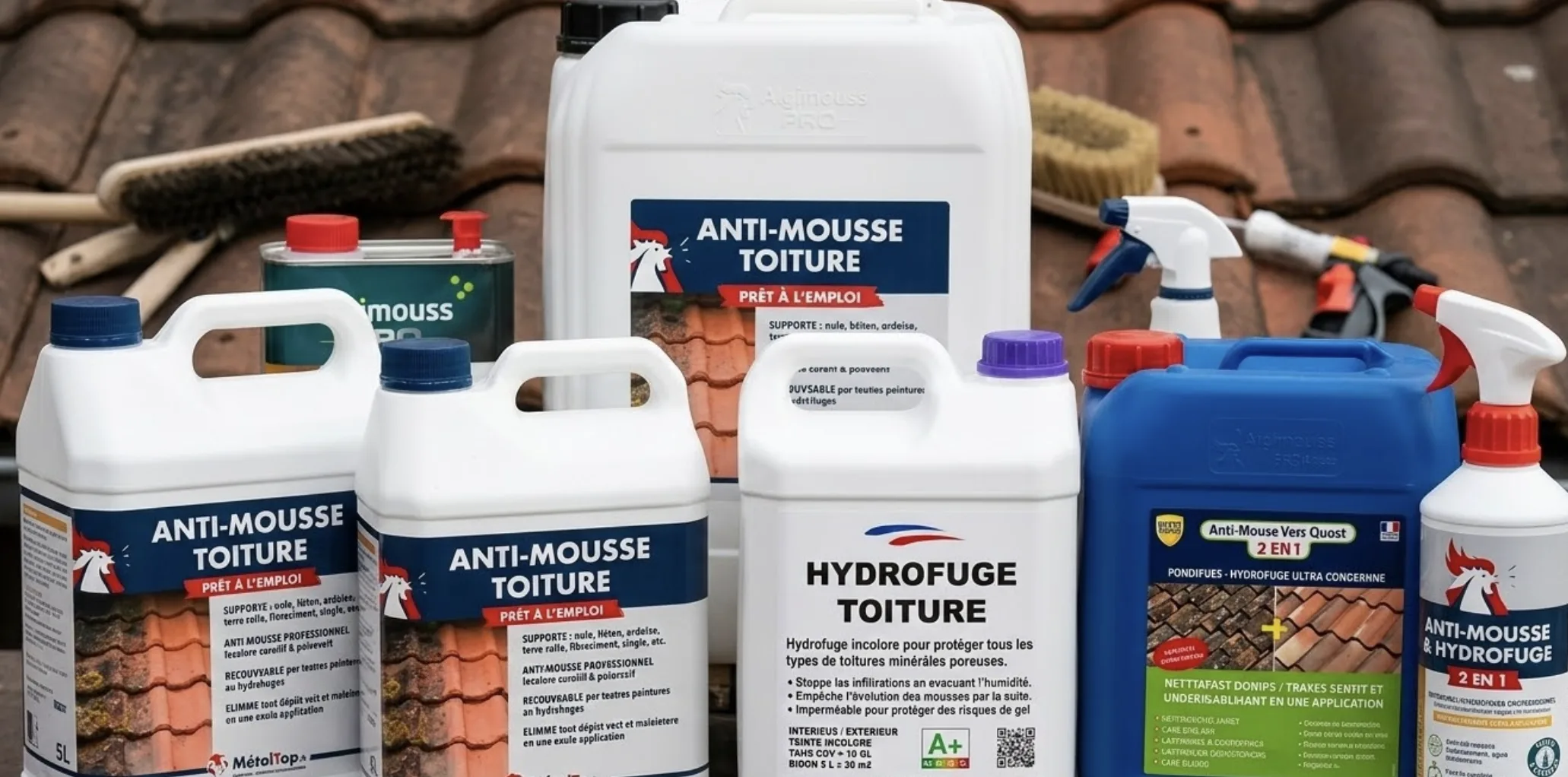 Divers flacons de produits anti-mousse et hydrofuges pour toiture.