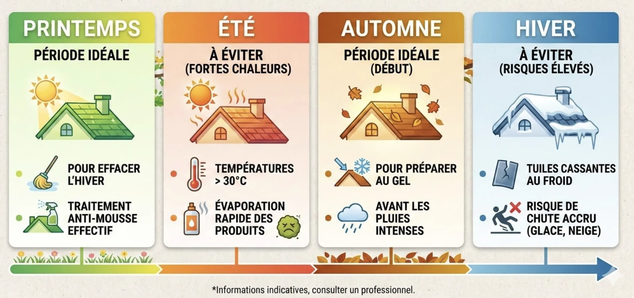 Calendrier avec les saisons idéales pour l'entretien de toiture.