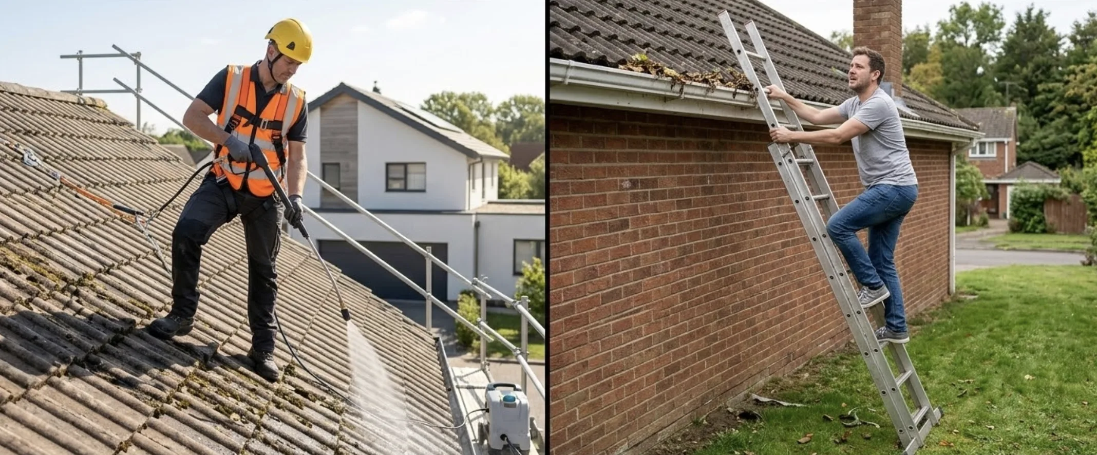 Deux vignettes : un professionnel sur un toit sécurisé, un particulier en difficulté sur une échelle.
