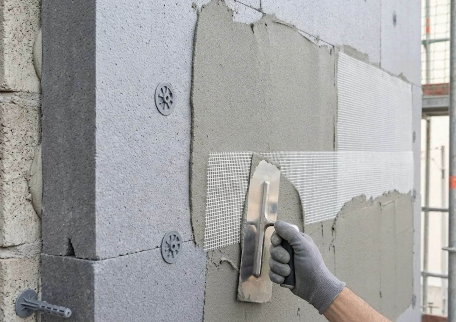 Mur extérieur en cours d'isolation thermique ITE : panneaux isolants chevillés, sous-enduit et trame de fibre de verre