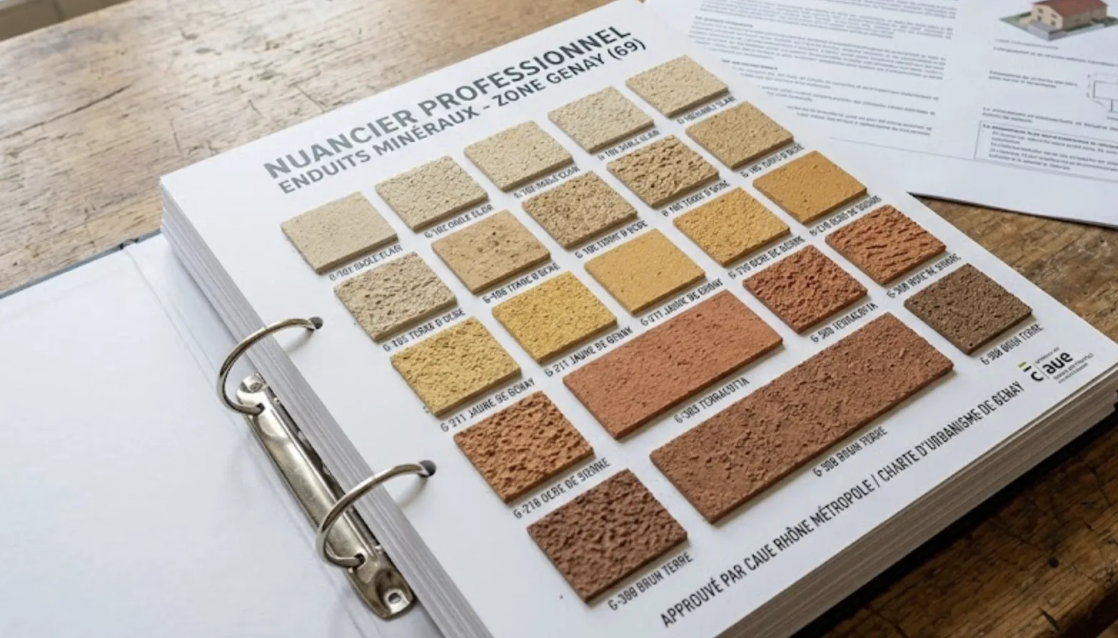 Nuancier professionnel de teintes d'enduits minéraux approuvé par le CAUE pour la zone de Genay, tons naturels sable et ocre