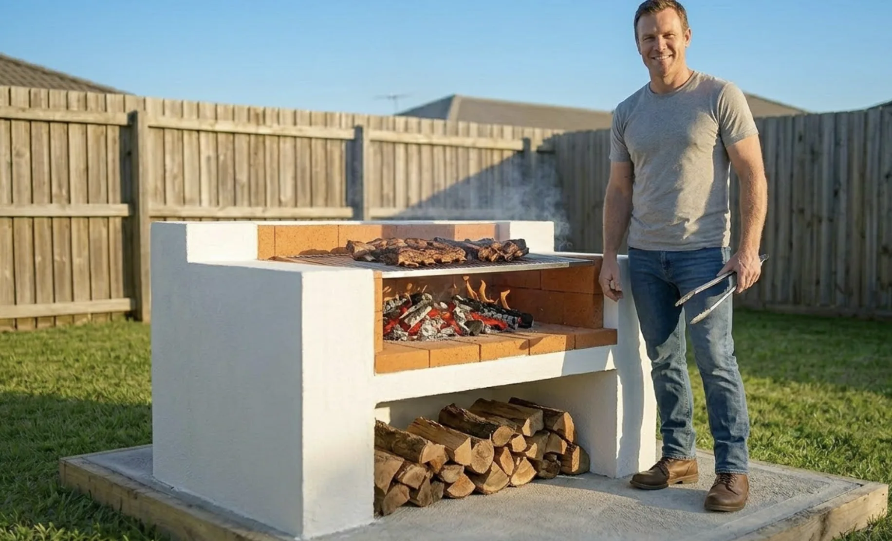 Barbecue en parpaings terminé et enduit blanc avec braises et viande sur la grille en inox