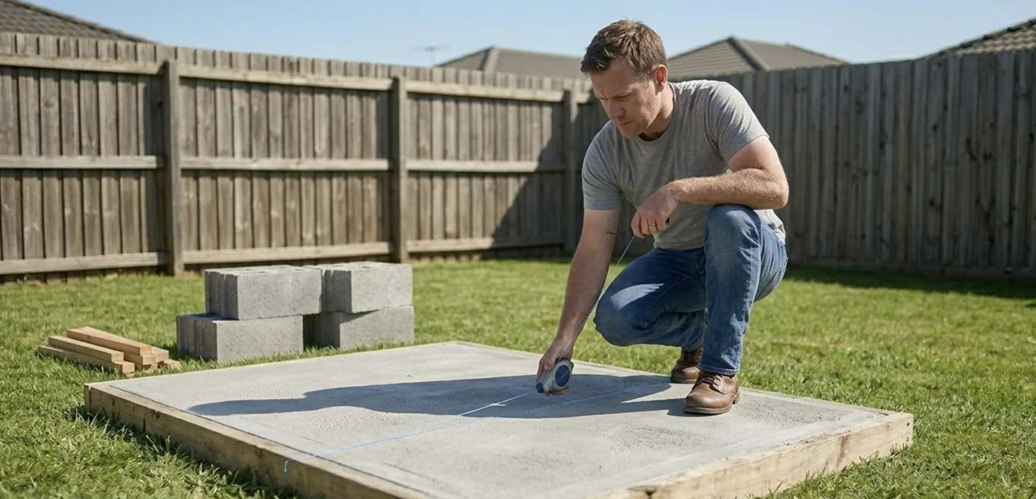 Tracé au cordeau bleu sur la dalle sèche pour délimiter la forme en U du barbecue