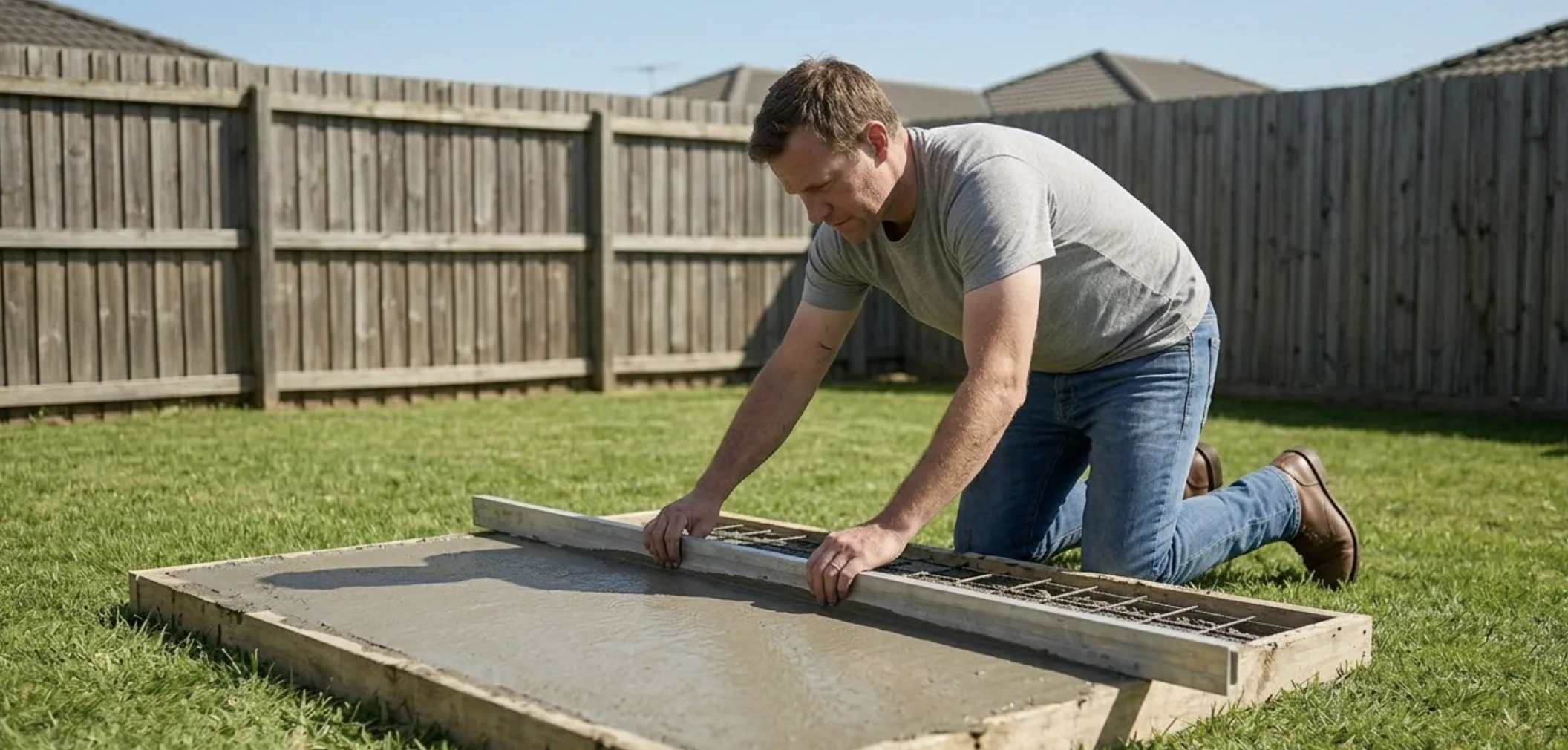 Coulage et lissage de la dalle béton sur treillis métallique pour le barbecue en parpaings