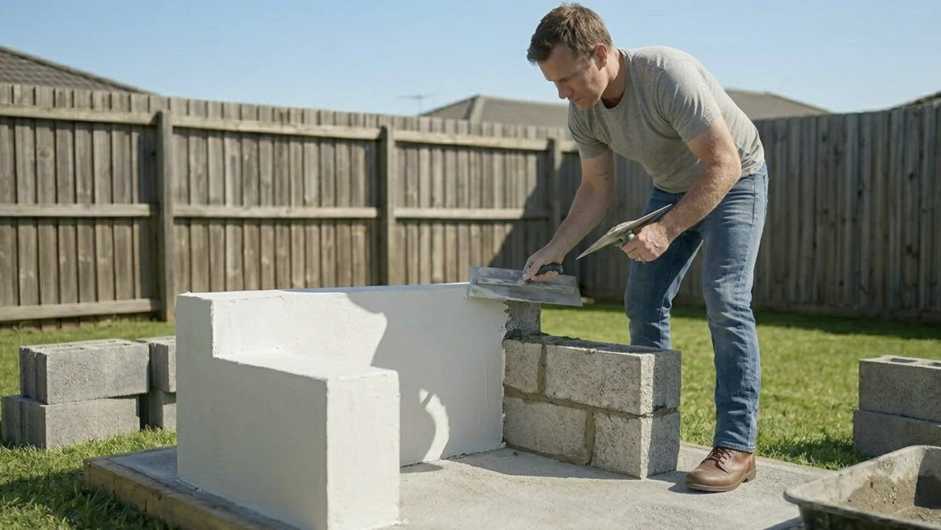 Application de l'enduit hydrofuge blanc à la taloche sur les parpaings extérieurs du barbecue