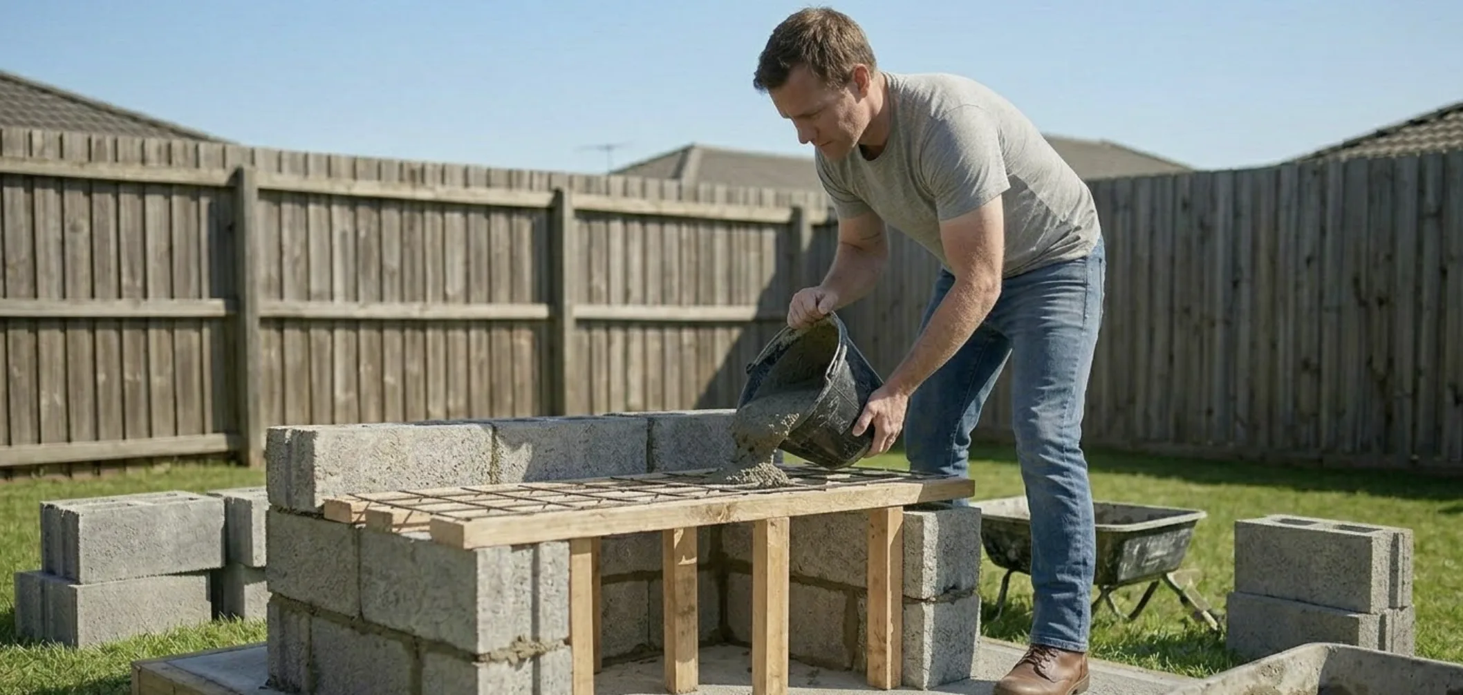 Coulage de la dalle intermédiaire en béton sur ferraillage dans la structure en parpaings