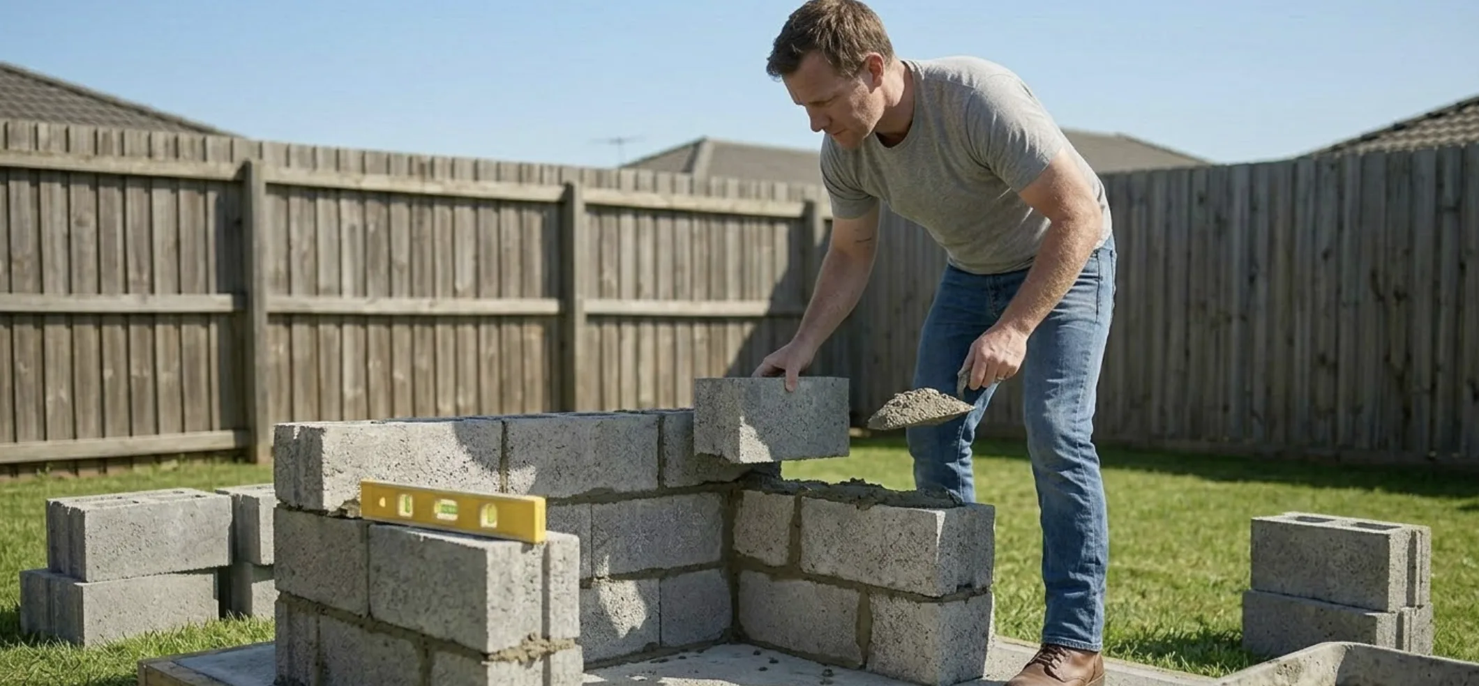 Élévation des murs en parpaings en quinconce pour former la structure en U du barbecue