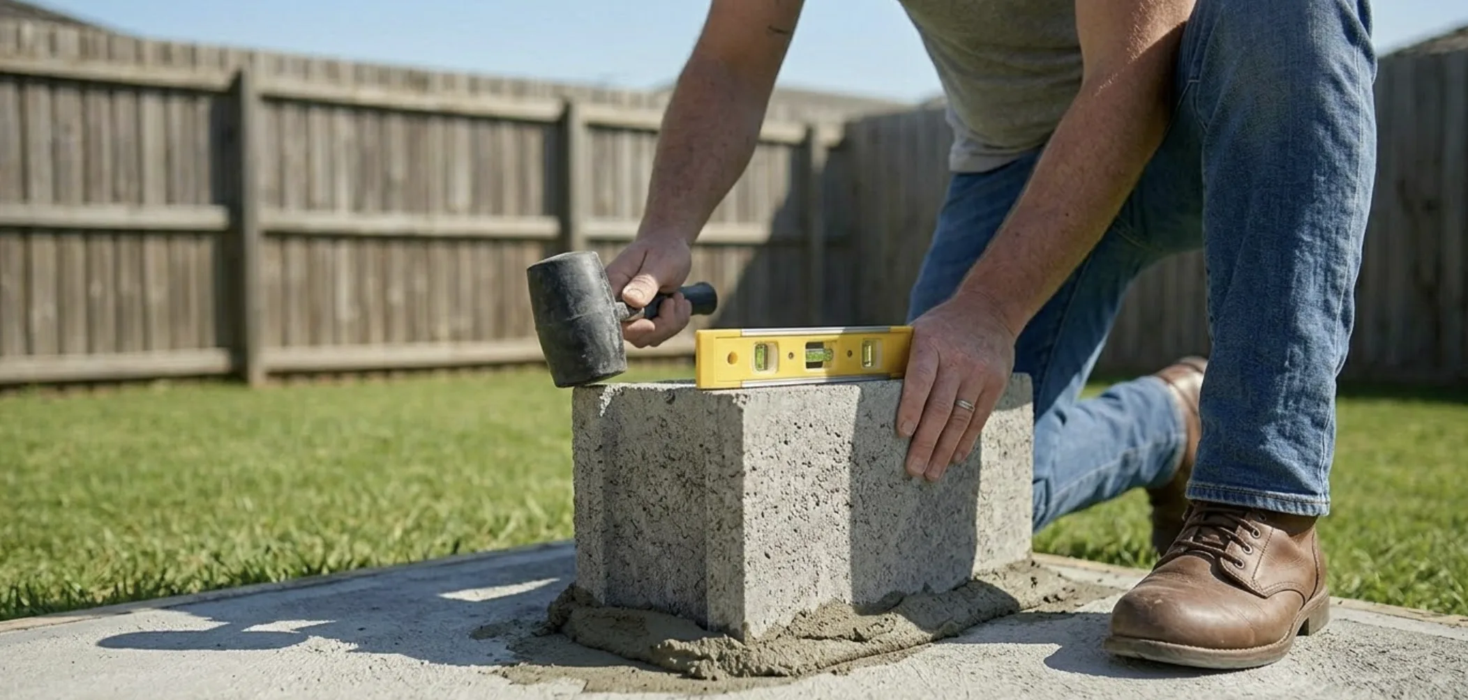 Mise à niveau du premier parpaing avec maillet et niveau à bulle sur mortier frais