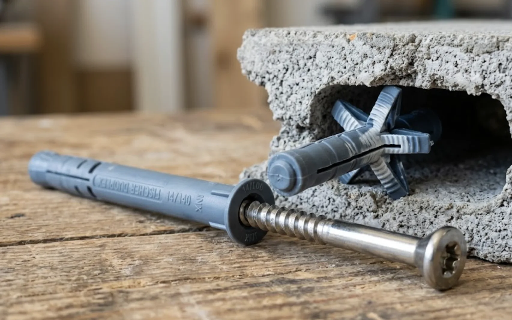 Gros plan sur une cheville à frapper haute performance de 140 mm posée à côté d'une section de parpaing creux, illustrant l'ancrage dans la paroi alvéolaire
