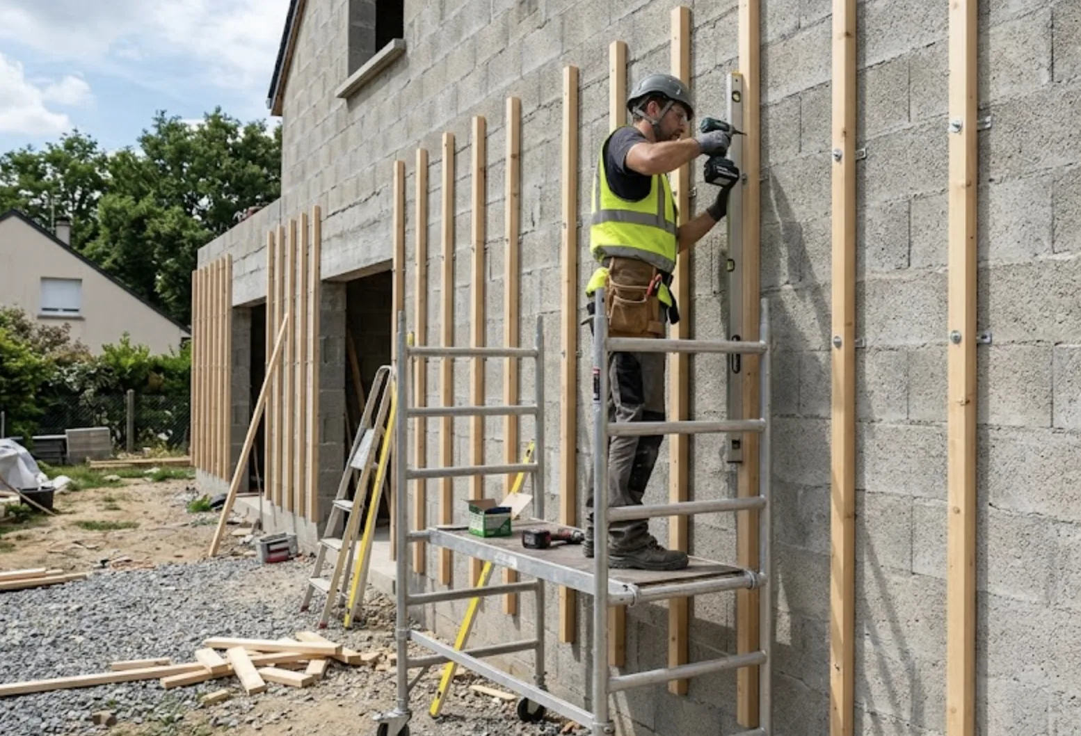Installation de tasseaux de bois verticaux sur un mur en parpaing brut avec un entraxe régulier de 60 cm, fixés par des chevilles mécaniques apparentes