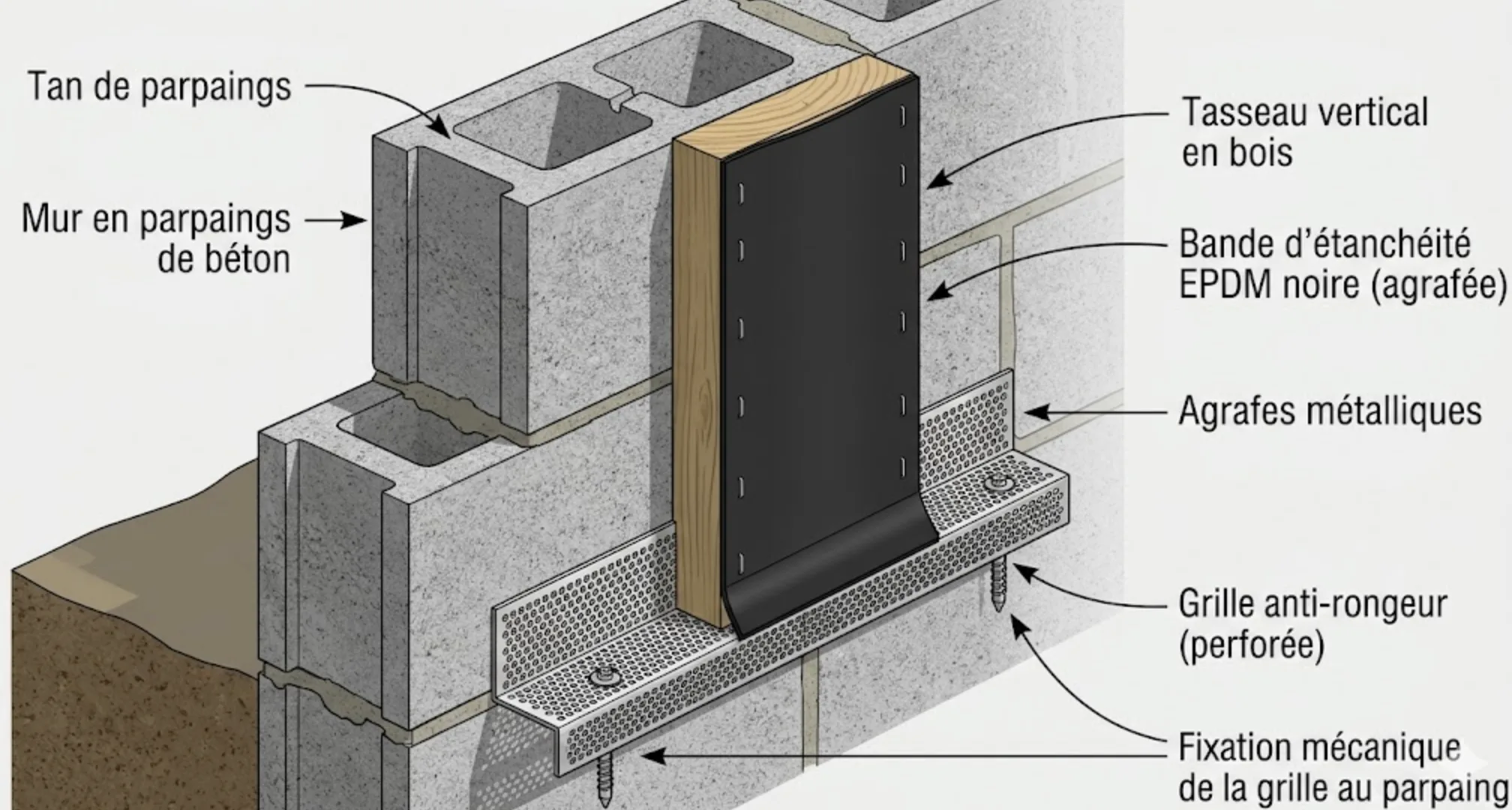 Bande d'étanchéité EPDM noire agrafée sur la face avant d'un tasseau vertical et grille anti-rongeur fixée en pied de mur parpaing avant la pose du bardage bois