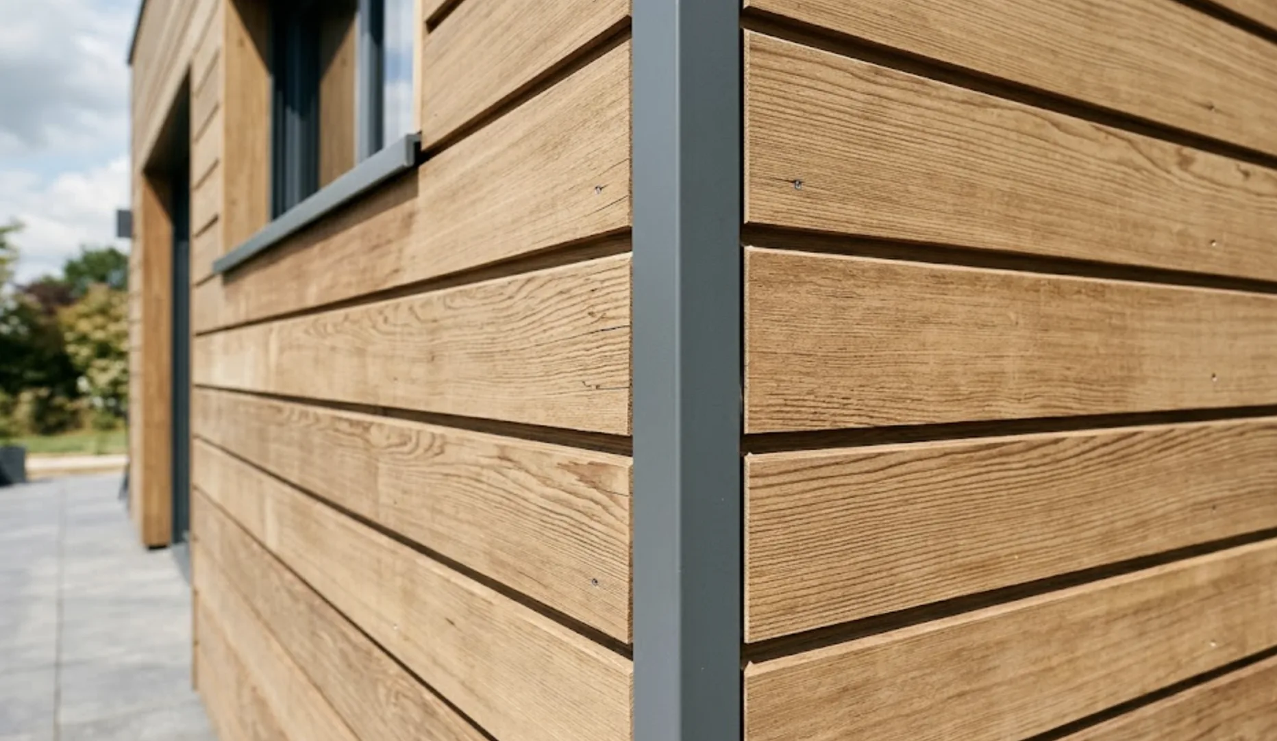 Profilé de finition en aluminium gris sur un angle sortant de maison assurant la jonction entre deux pans de bardage bois horizontaux