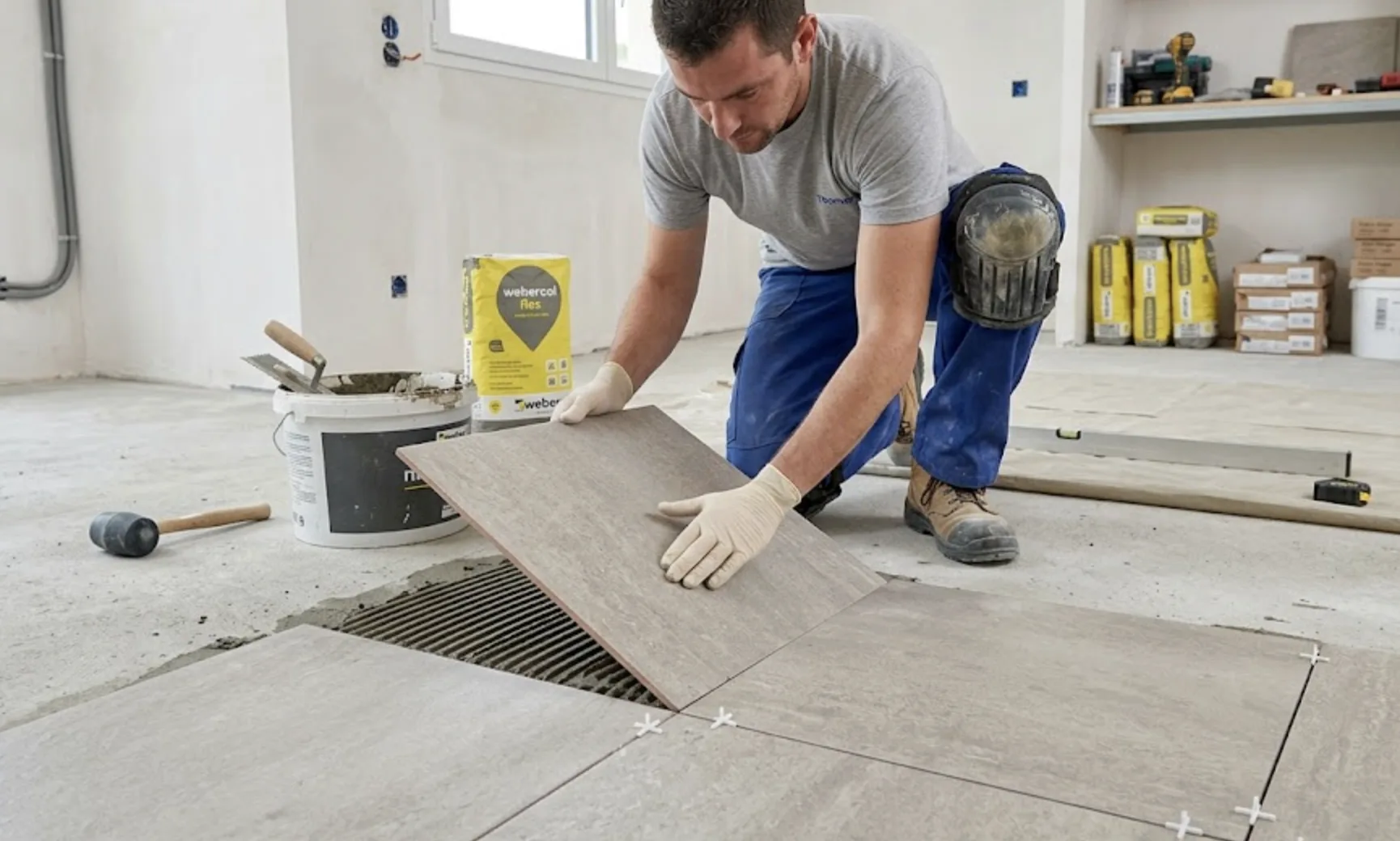 Découpe et pose du carrelage Falco Beige sur mortier-colle
