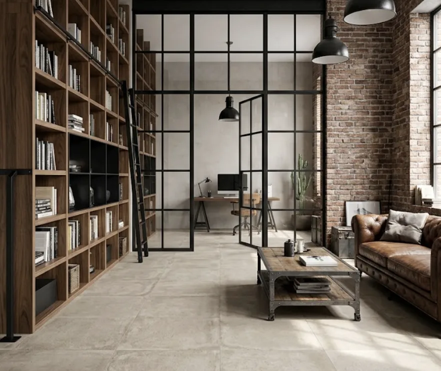Association du carrelage effet béton beige avec des meubles en bois et détails industriels