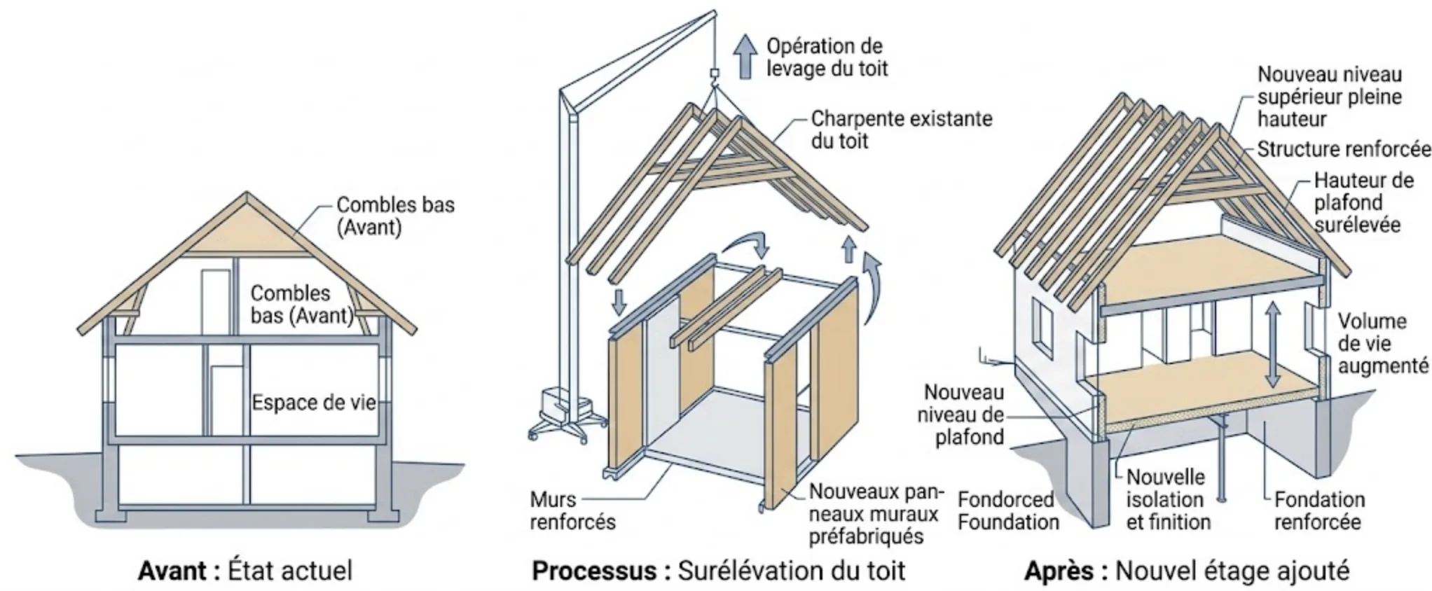 Schéma illustrant une surélévation de toiture pour gagner de la hauteur