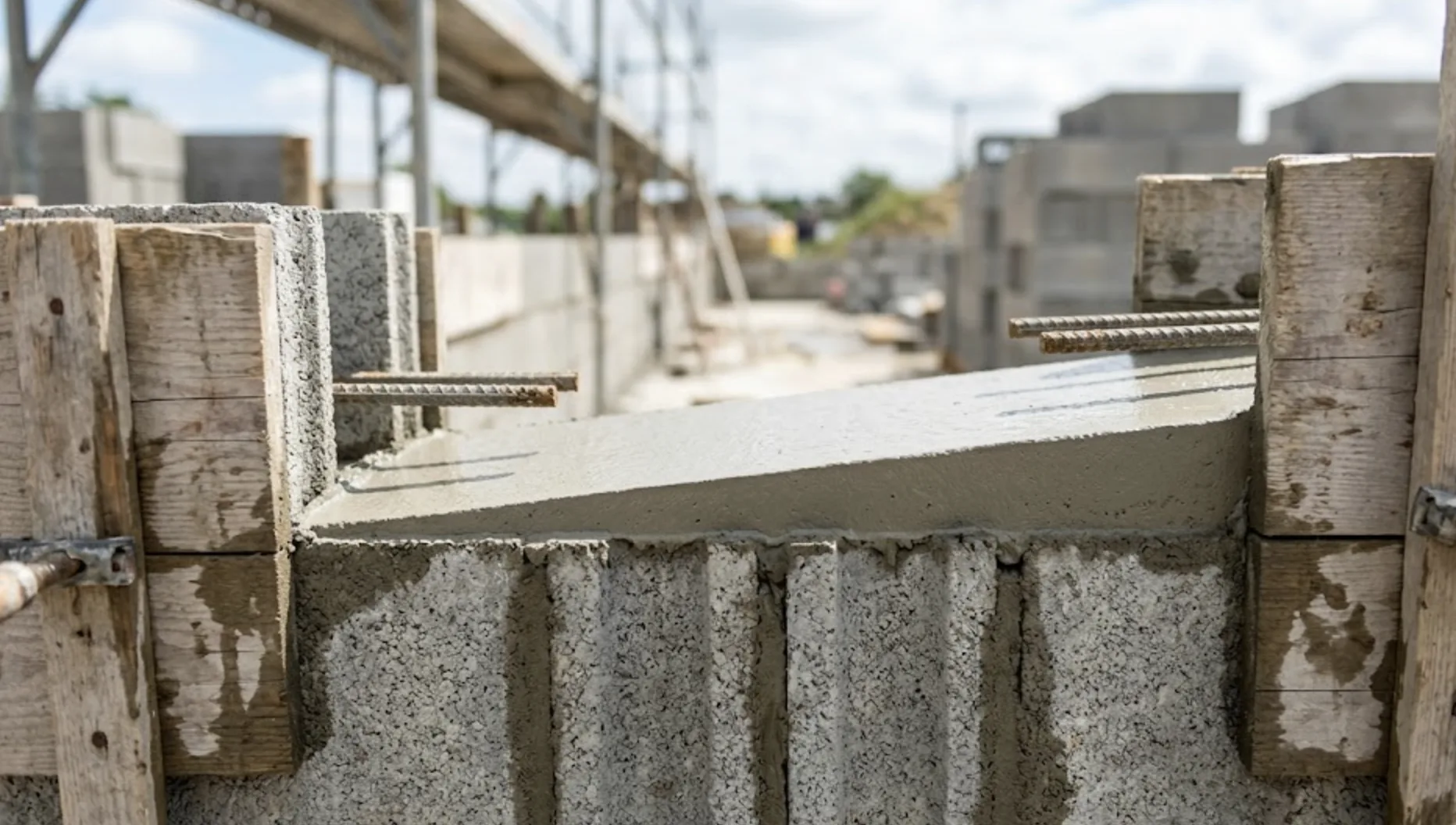 Arase de pente ferraillée coulée sur parpaing avant la pose de la panne sablière d'une charpente 1 pan