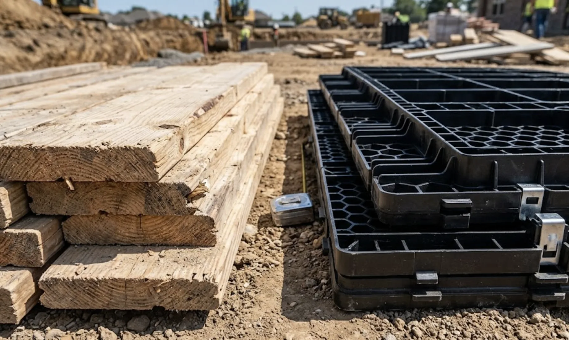 Différents types de coffrages : semelle, dalle et pilier en bois et coffrage perdu