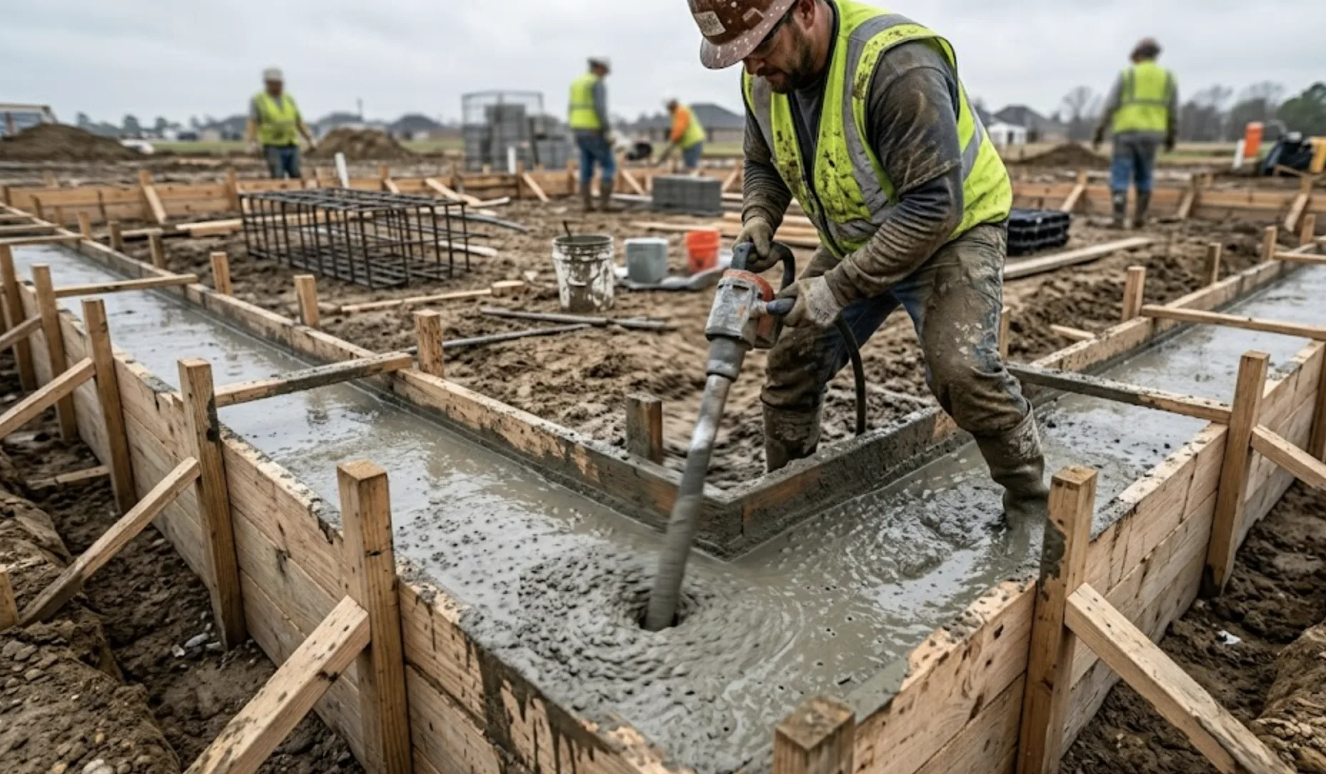 Étapes de coulage du béton avec aiguille vibrante sur fondations
