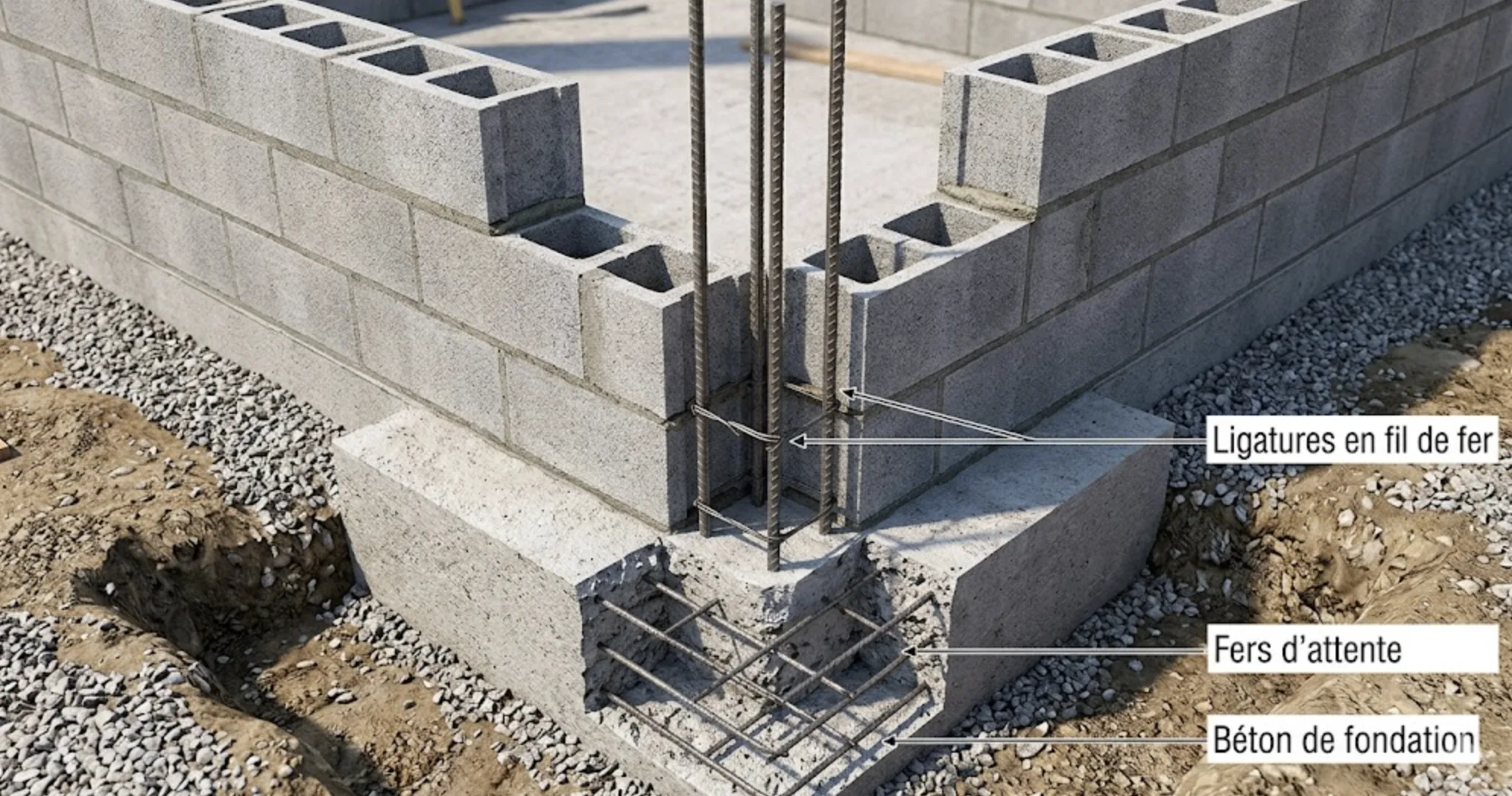 Coupe technique de la liaison entre fers d'attente de fondation et raidisseur vertical en parpaing