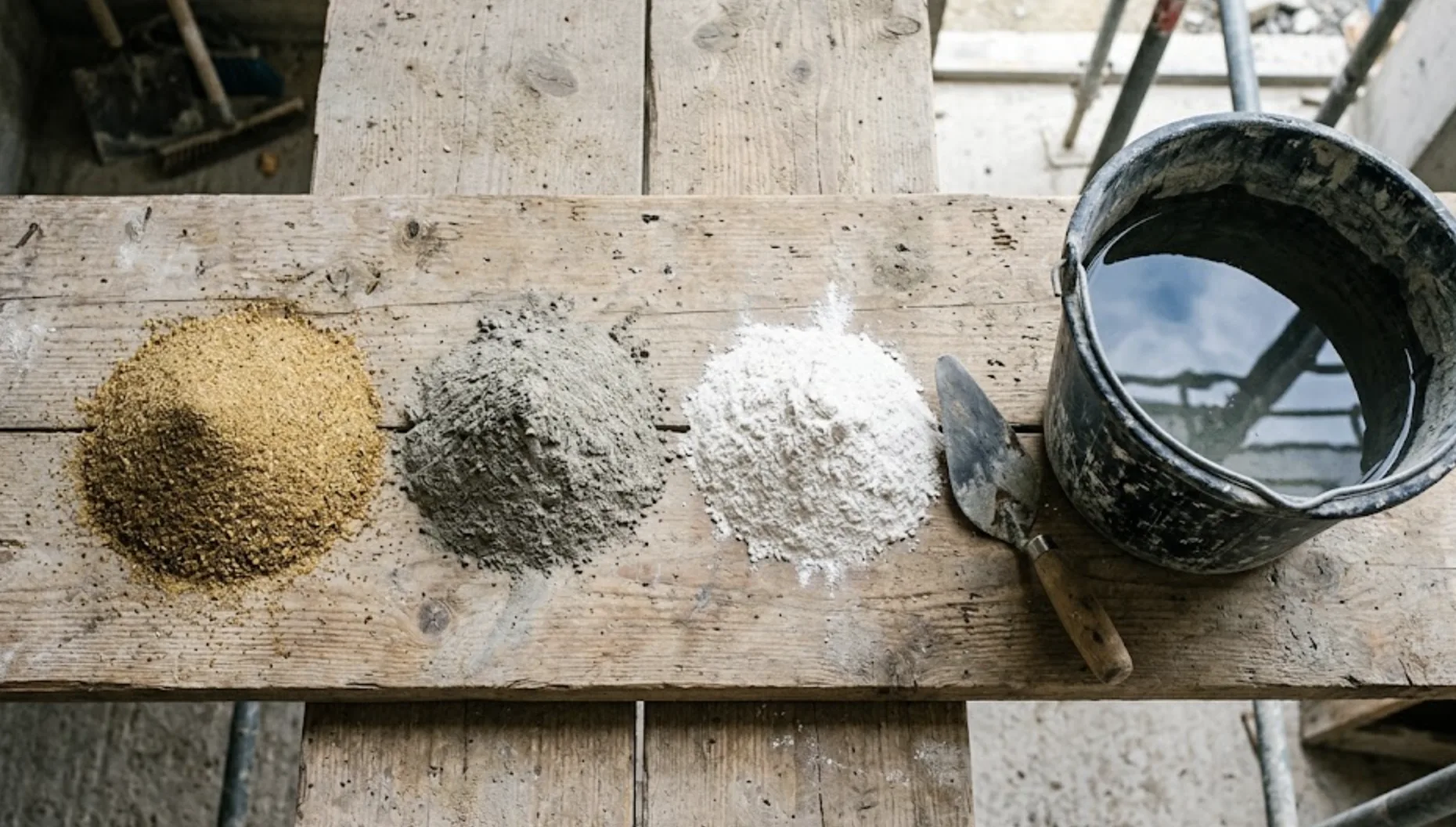Les ingrédients du mortier bâtard : ciment, chaux hydraulique, sable et eau