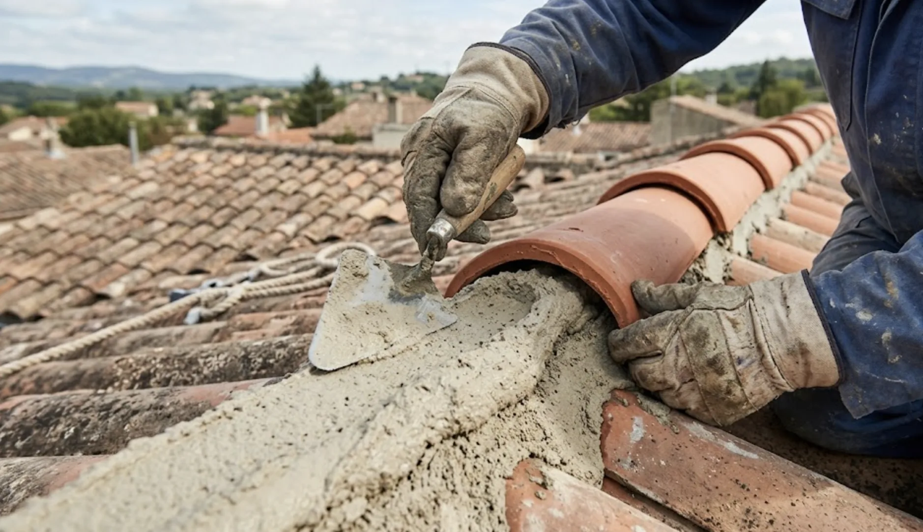 Application du mortier bâtard et pose de la tuile faîtière