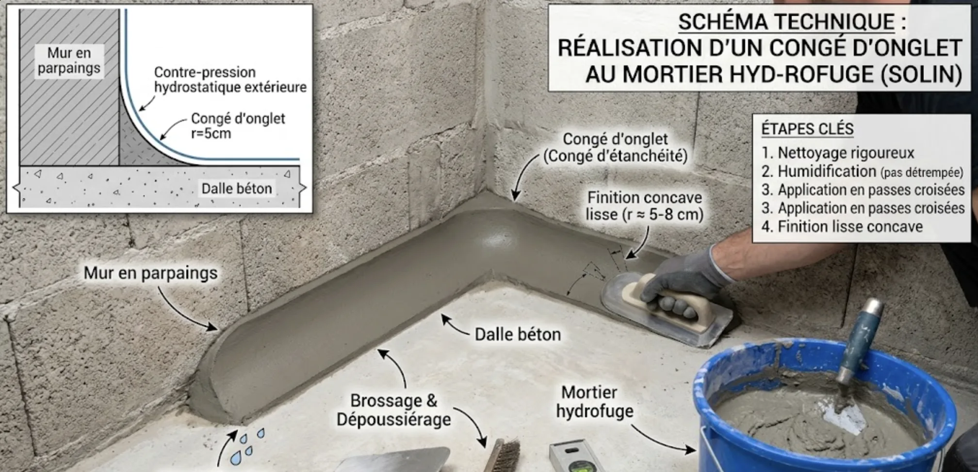 Schéma technique du congé d'onglet au mortier hydrofuge à la jonction sol-mur en parpaing