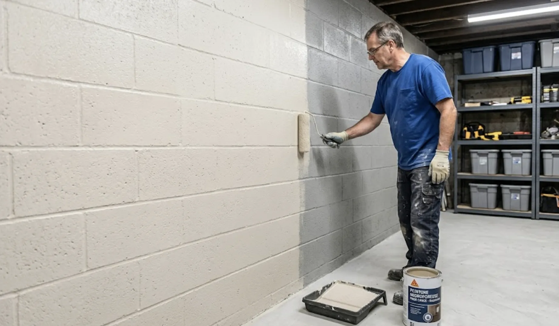 Finition avec peinture microporeuse sur un mur de cave traité par cuvelage