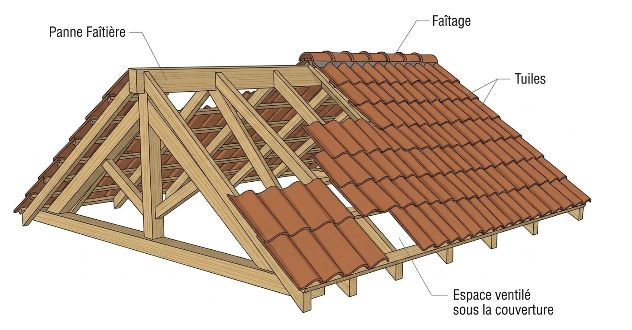 Schéma en coupe d'une toiture montrant le faîtage au sommet, la ligne de rencontre des deux versants et l'emplacement exact de la panne faîtière sous la couverture.