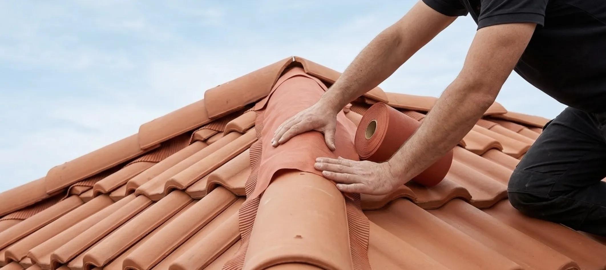 Photo de chantier montrant les mains d'un artisan en train de dérouler et maroufler un closoir ventilé souple de couleur brique sur la lisse de rehausse, avant de poser les tuiles de crête.