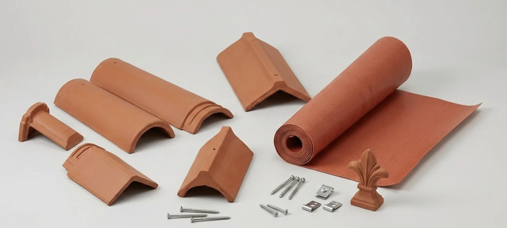 Différents types de tuiles faîtières exposées : demi-ronde en terre cuite, angulaire et profil zinc