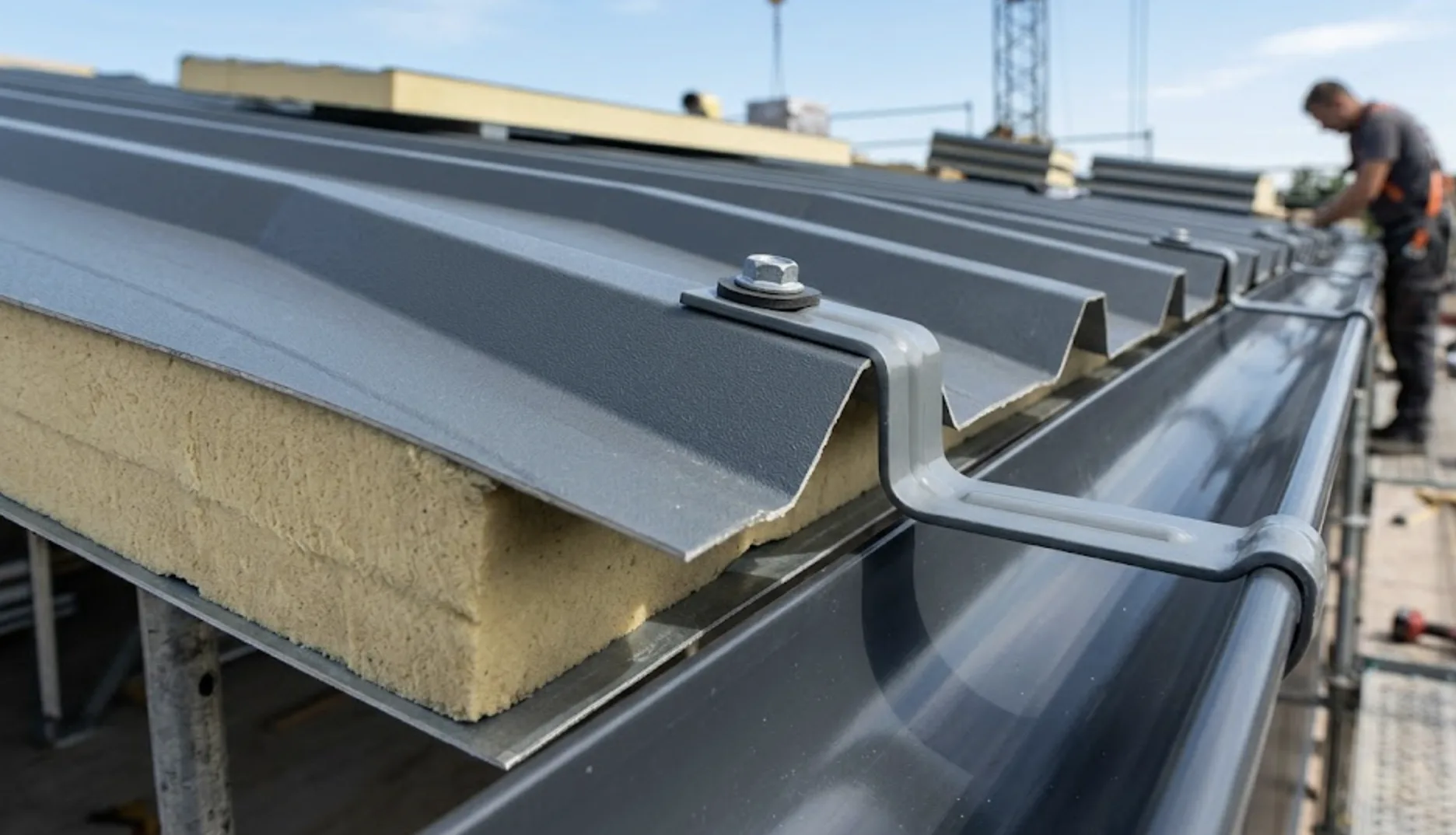 Schéma technique en coupe d'un panneau sandwich montrant le point de fixation correct sur le sommet de nervure et l'erreur à éviter en bas d'onde