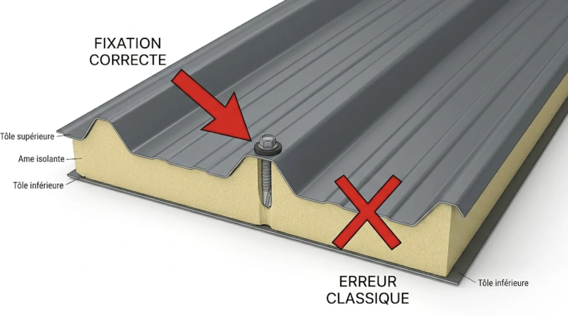 Technicien se déplaçant sur un toit en bac acier avec une planche de répartition et une ligne de vie pour éviter le poquage du panneau sandwich