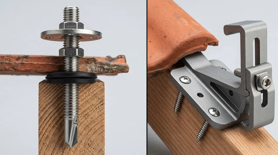 Comparatif vis à double filetage versus crochet universel ESDEC pour tuile canal