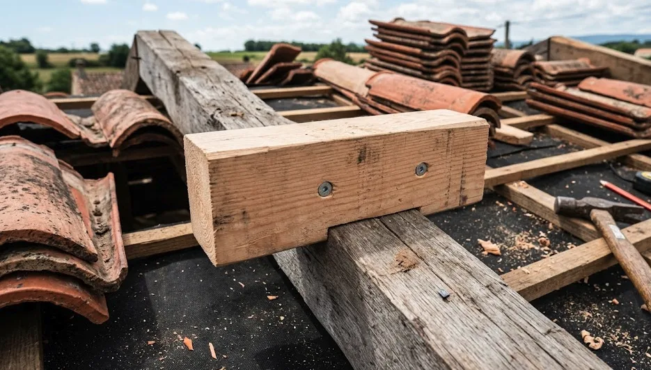 Cale bois vissée sur chevron pour créer une platine de fixation sur tuile canal sans contre-chevron