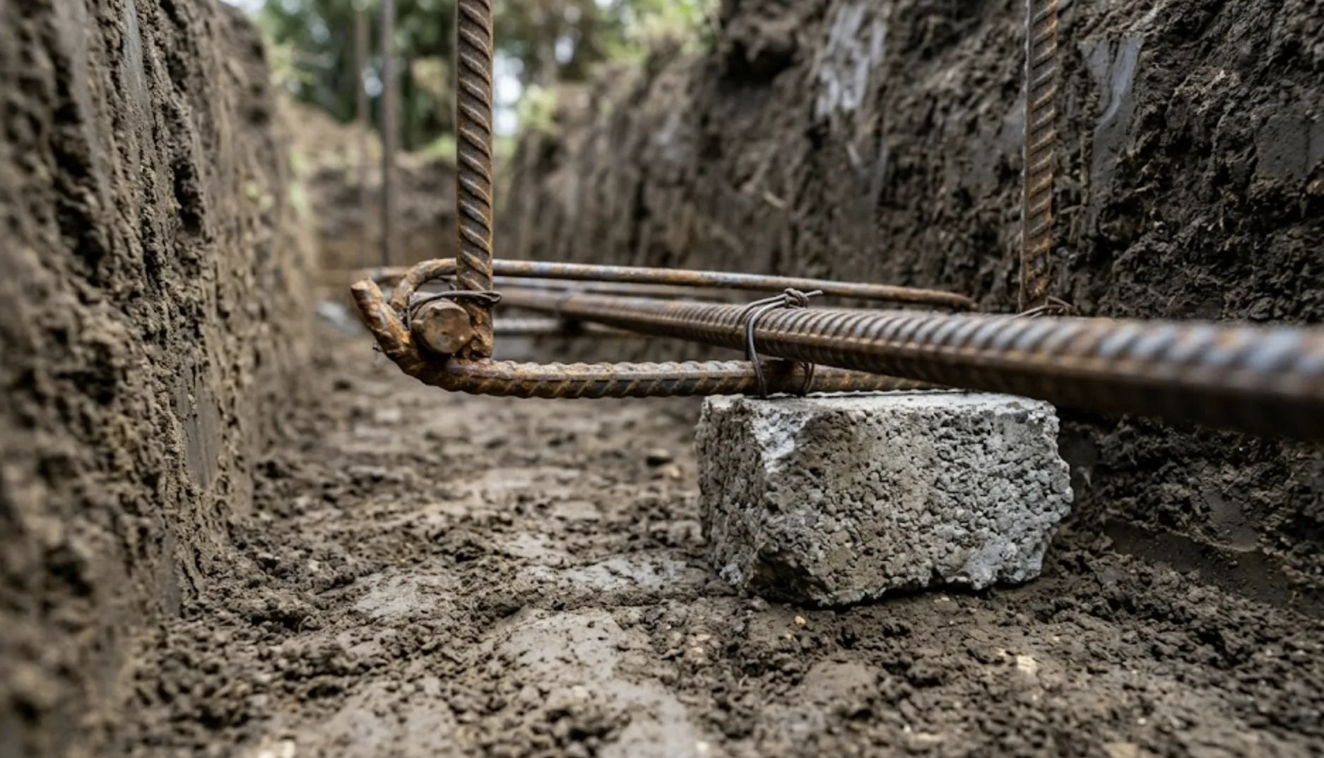 Détail du calage de l'armature dans la tranchée pour garantir l'enrobage béton