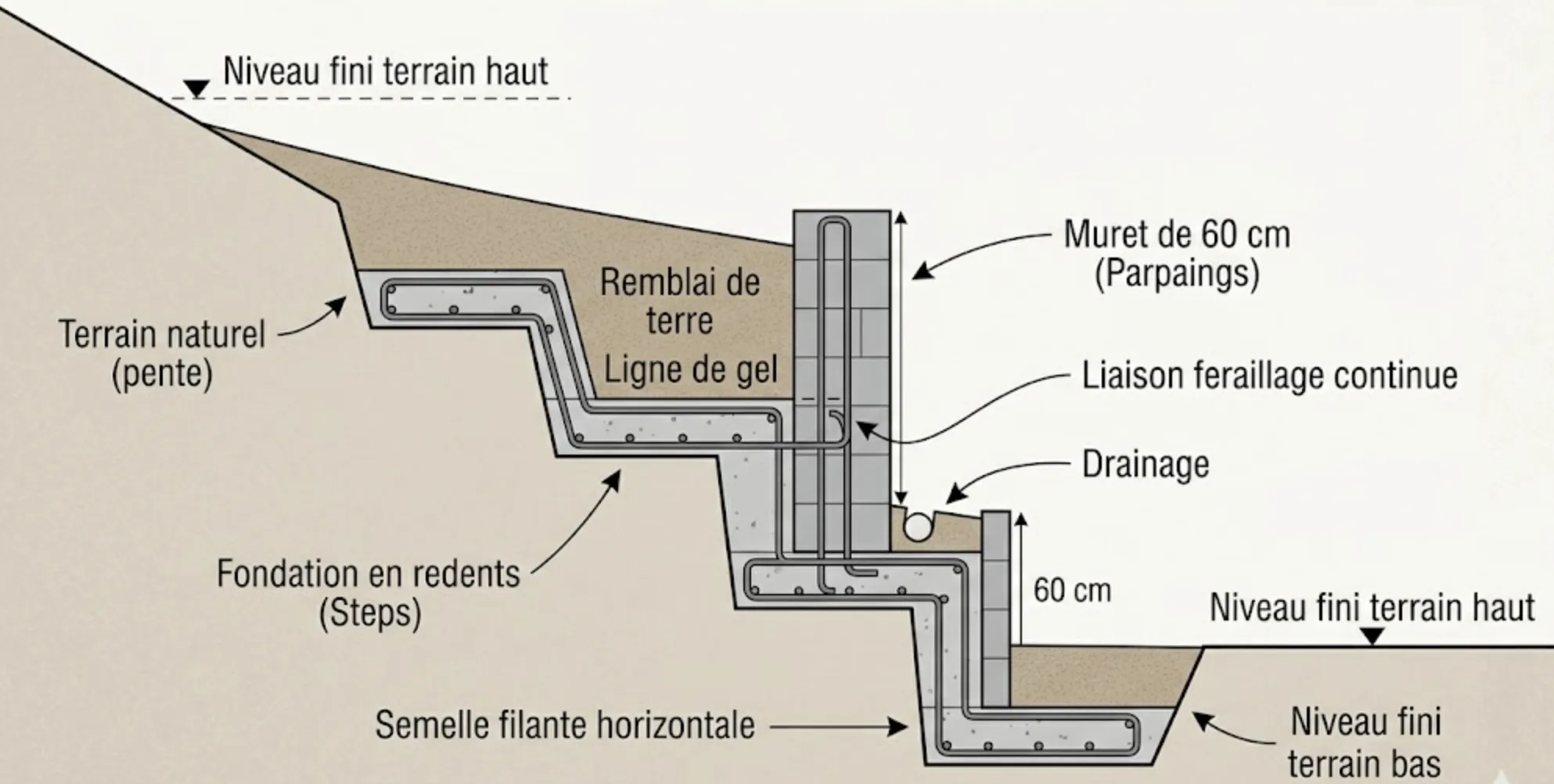 Schéma technique de fondation en redents pour terrain en pente incliné
