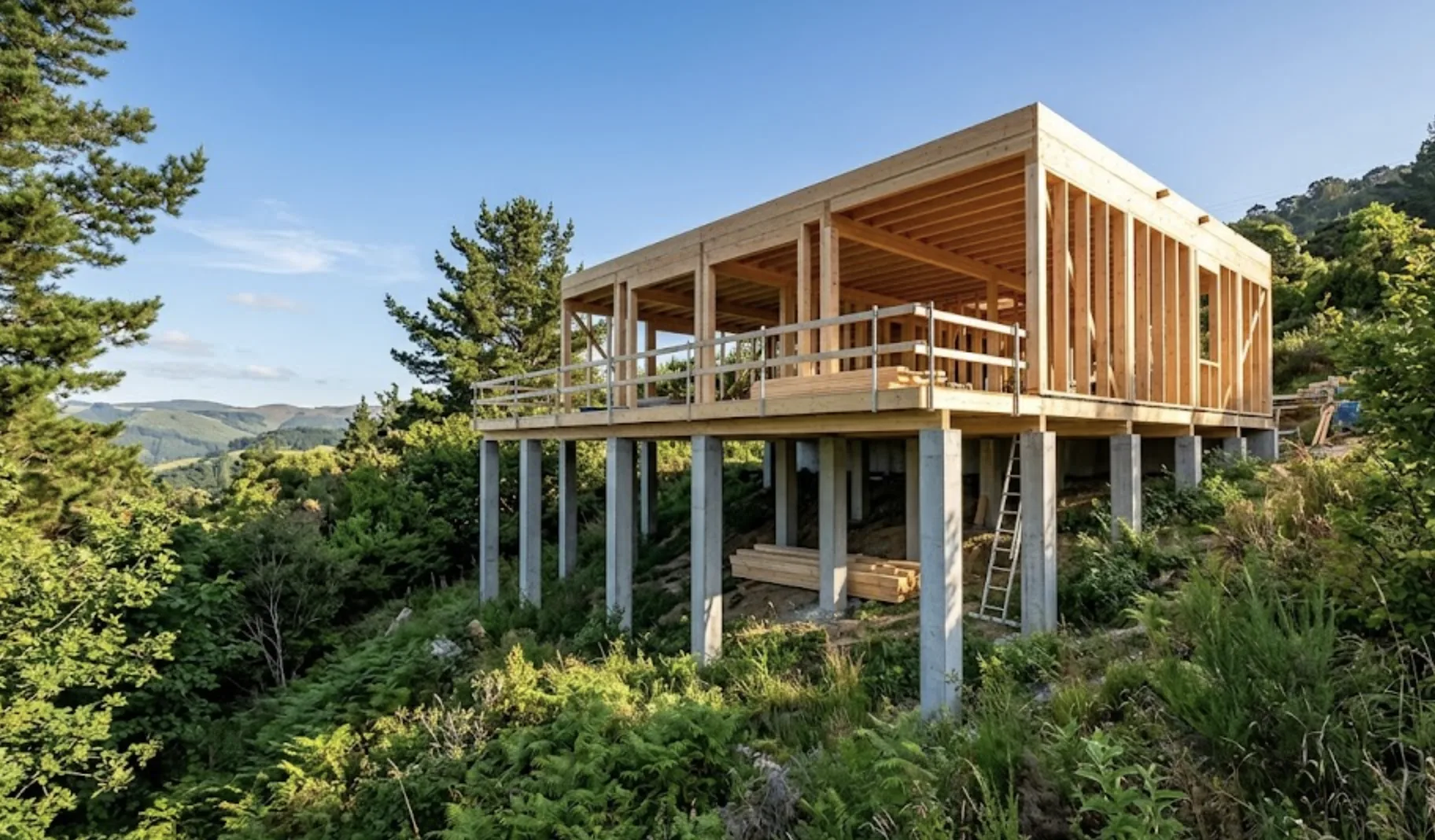 Construction d'une maison en bois sur plots béton sur un terrain à forte pente