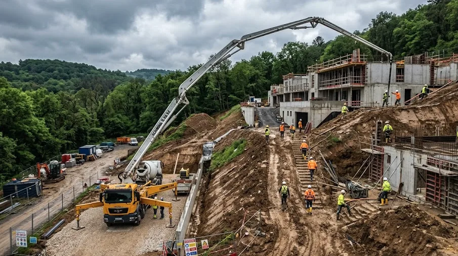 Logistique de chantier difficile pour fondations sur terrain accidenté