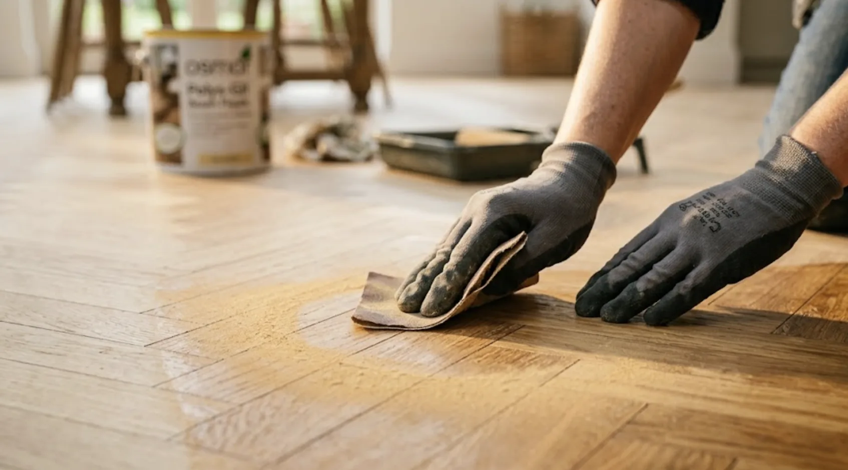 Égrenage manuel du parquet entre deux couches d'huile au grain fin