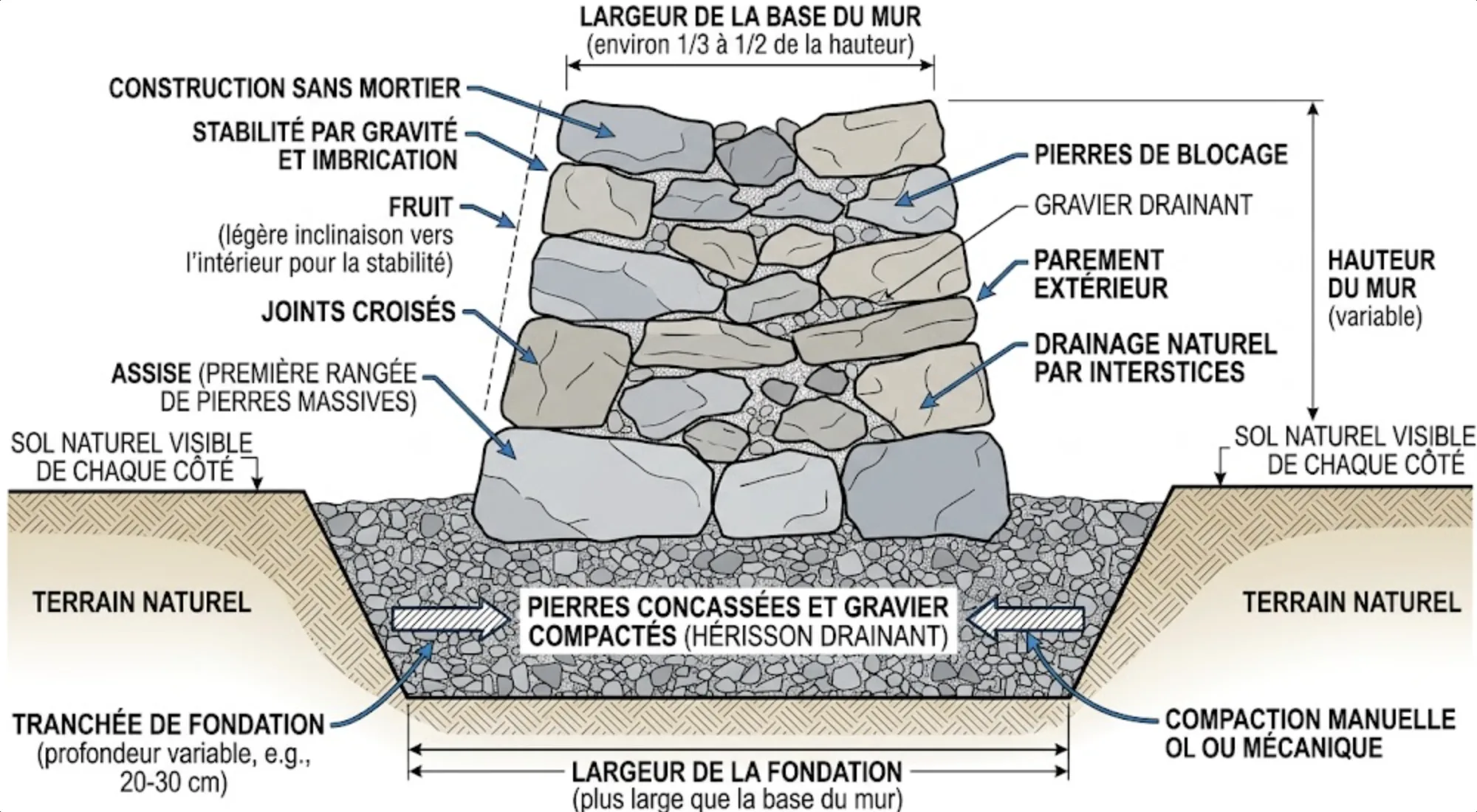 Schéma technique d'une fondation drainante pour mur en pierre sèche avec hérisson de pierres concassées