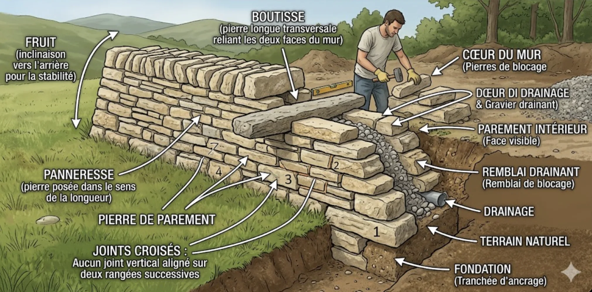 Illustration du montage d'un mur en pierre sèche avec boutisse transversale et inclinaison du fruit