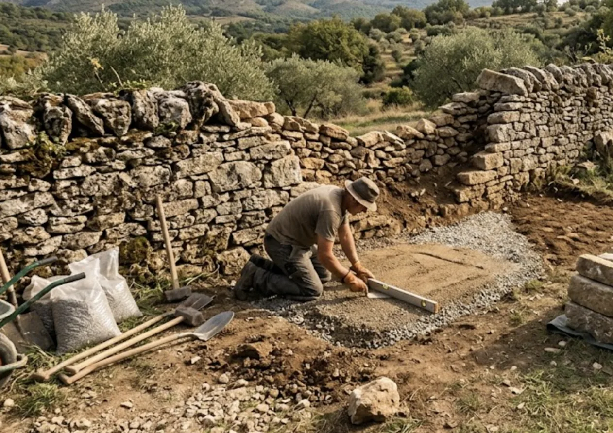 Chantier de restauration d'un mur en pierre sèche avec effondrement partiel, pierres triées au sol
