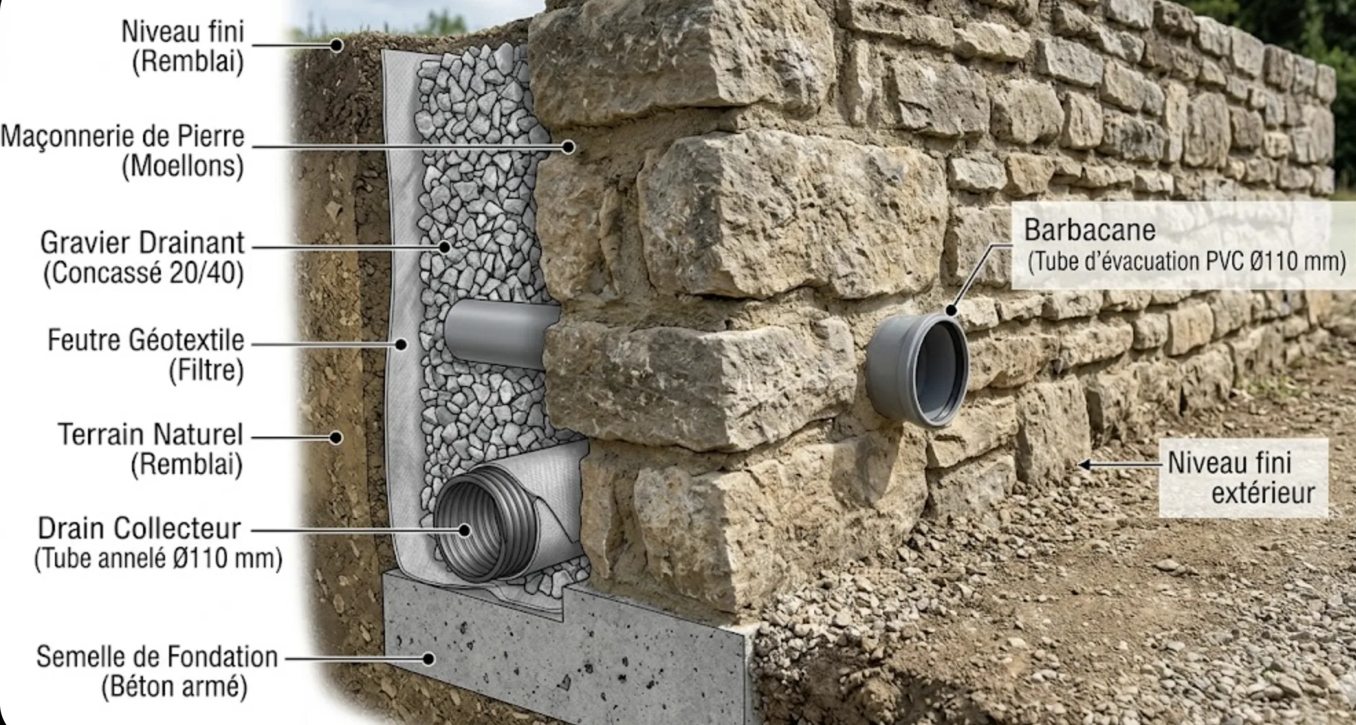 Gros plan sur la base d'un mur en pierre montrant une barbacane et le système de drainage derrière
