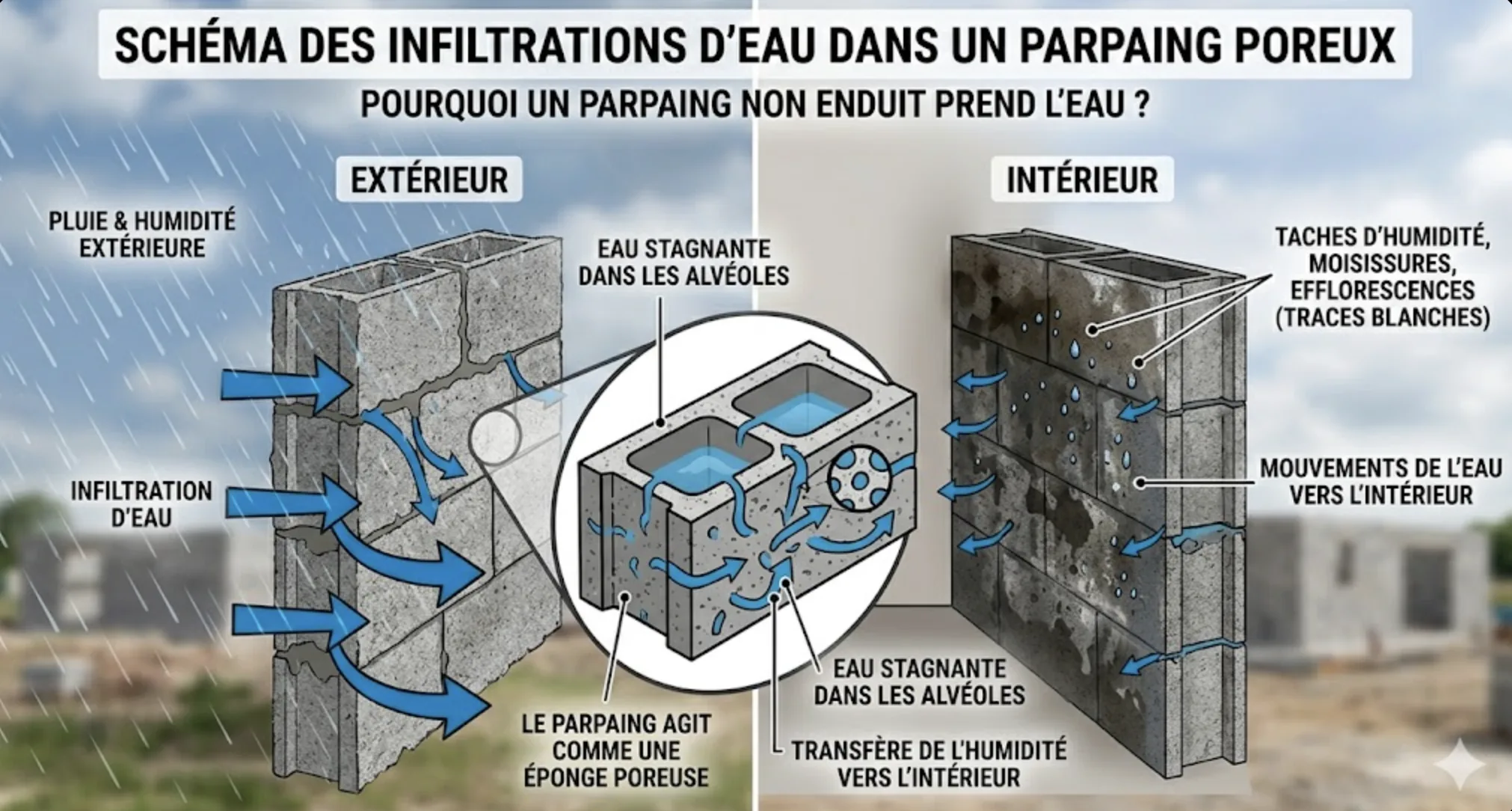 Schéma des infiltrations d'eau dans un parpaing poreux non enduit, risques de fissuration