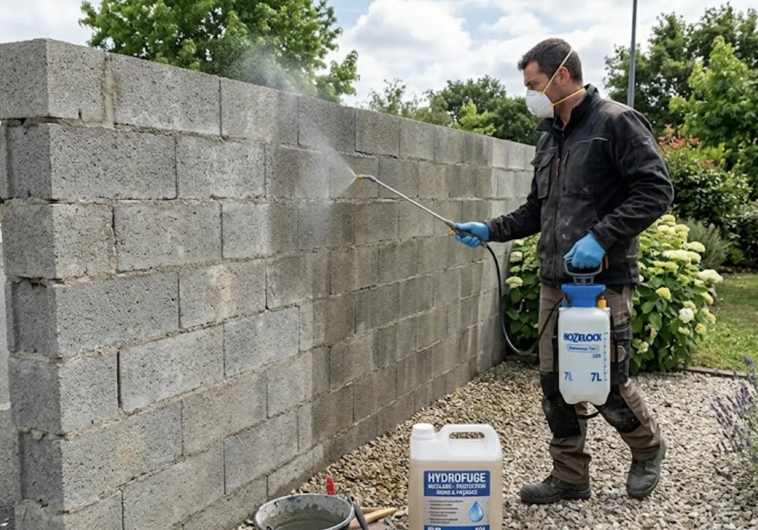 Application d'un produit hydrofuge incolore sur un mur de clôture en parpaing, protection invisible