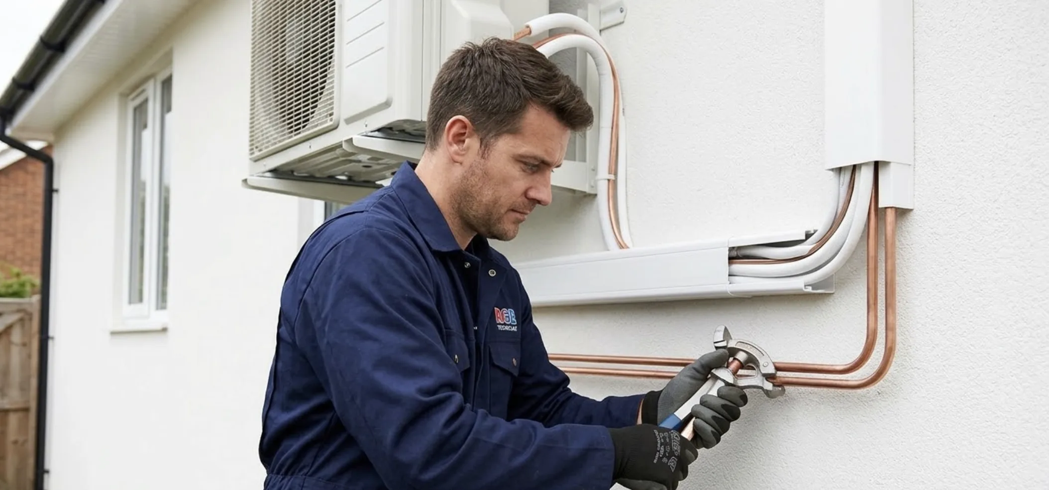 Module extérieur de pompe chaleur fixé via silent-blocs en façade latérale d'une maison en crépi