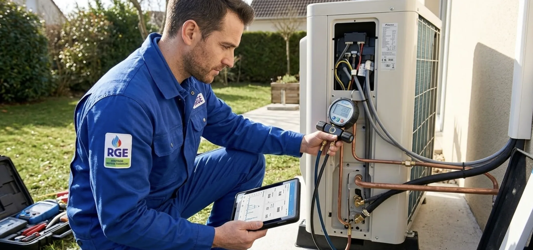 Installation d'une unité extérieure de pompe à chaleur air-eau moderne en façade de maison