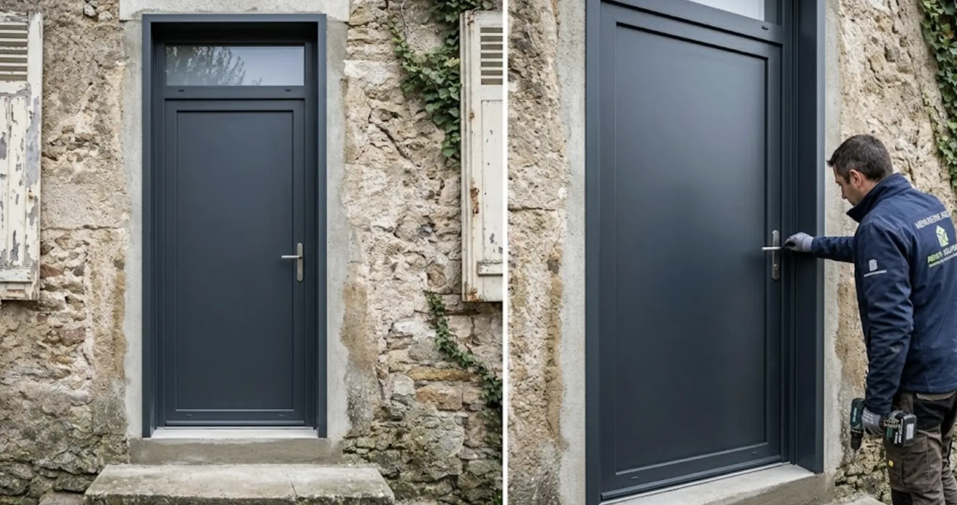 Pose d'une porte d'entrée en aluminium par un professionnel RGE