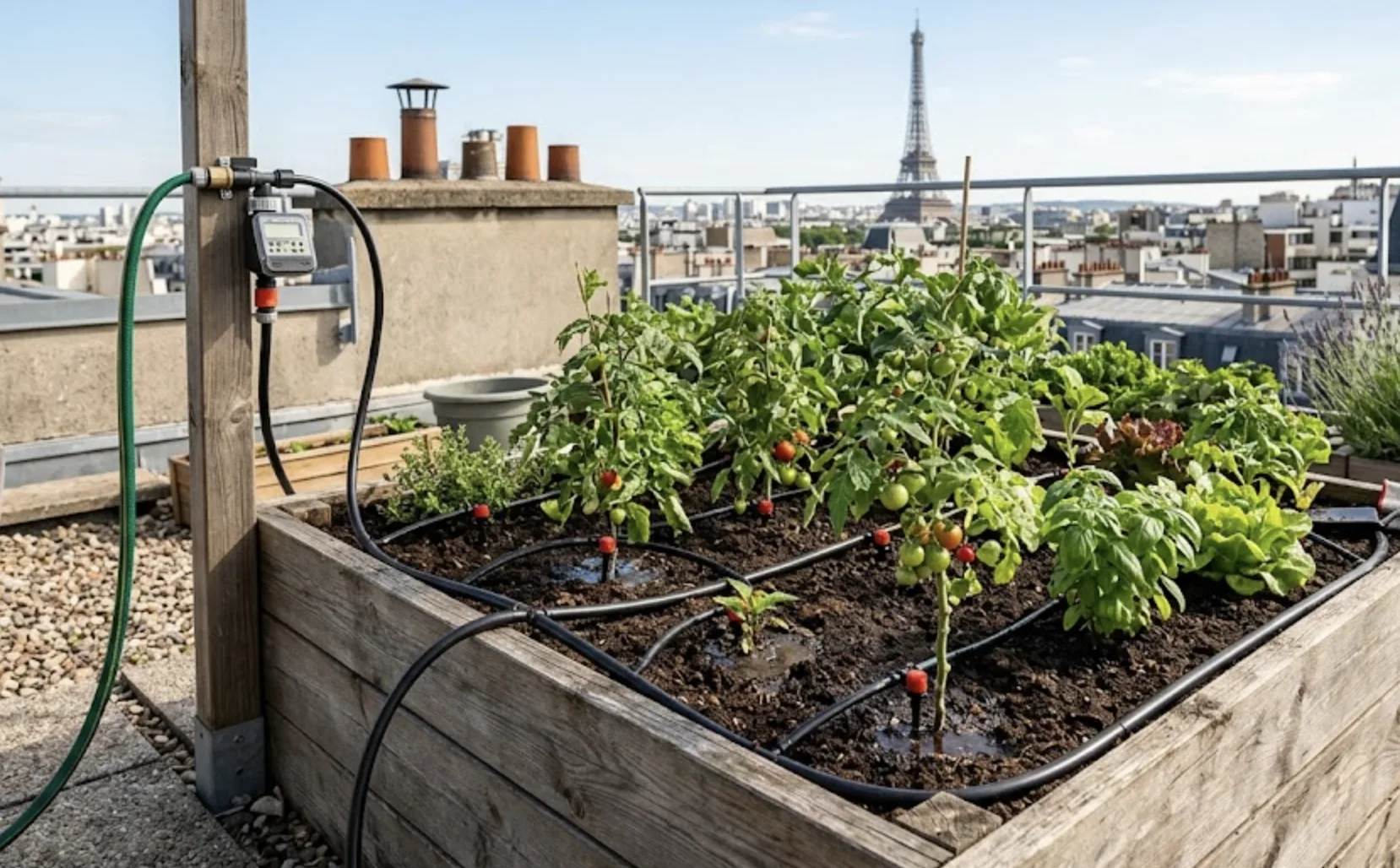 Système de goutte-à-goutte installé dans un carré potager sur un toit